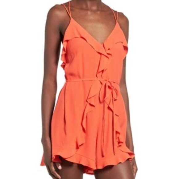ASTR Waist Tie Flutter Romper Coral Red Orange Sleeveless Strappy Boho Ruffle XS - Picture 4 of 10